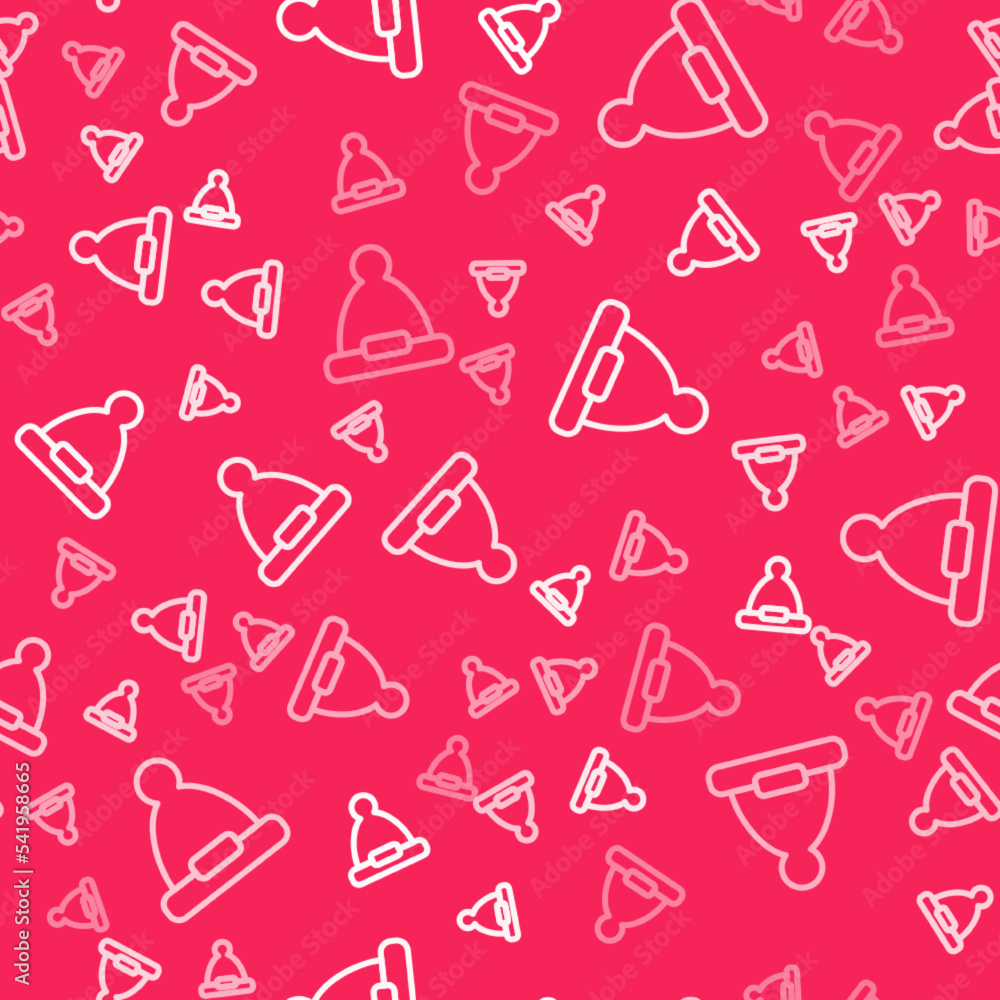 White line Christmas Santa Claus hat icon isolated seamless pattern on red background. Merry Christmas and Happy New Year. Vector White line Christmas Santa Claus hat icon isolated seamless pattern on red background. Merry Christmas and Happy New Year. Vector