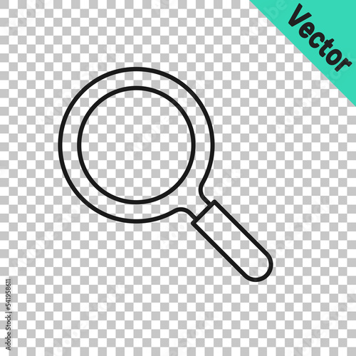 Black line Magnifying glass icon isolated on transparent background. Search, focus, zoom, business symbol. Vector