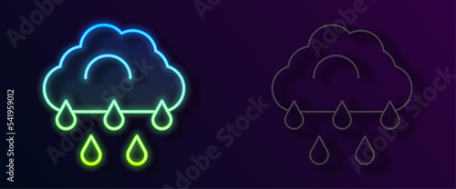 Glowing neon line Cloud with rain icon isolated on black background. Rain cloud precipitation with rain drops. Vector