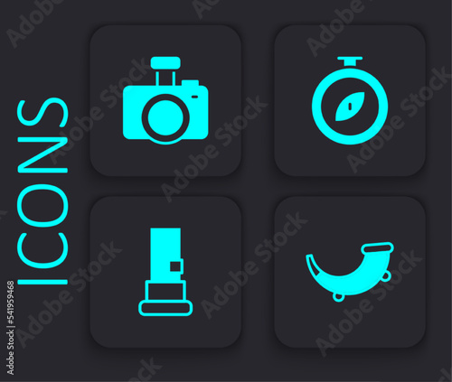 Set Hunting horn, Photo camera, Compass and Cartridges icon. Black square button. Vector
