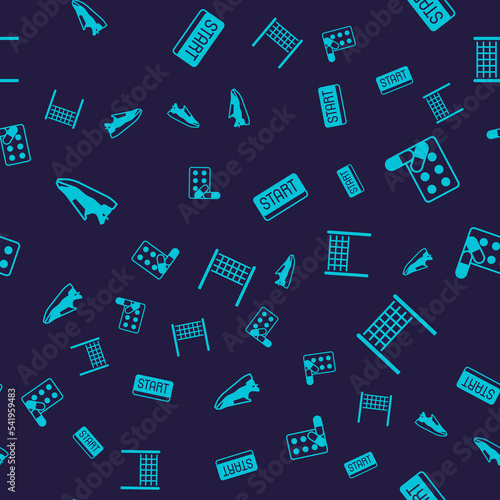 Set Fitness sneakers shoes, Sports doping with dumbbell, Ribbon finishing line and Volleyball net on seamless pattern. Vector