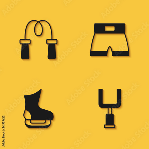 Set Jump rope, American football goal post, Skates and Boxing short icon with long shadow. Vector