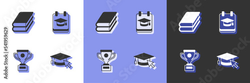 Set Graduation cap with cursor, Book, Award cup and Online education icon. Vector