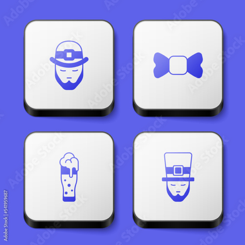 Set Leprechaun, Bow tie, Glass of beer and icon. White square button. Vector