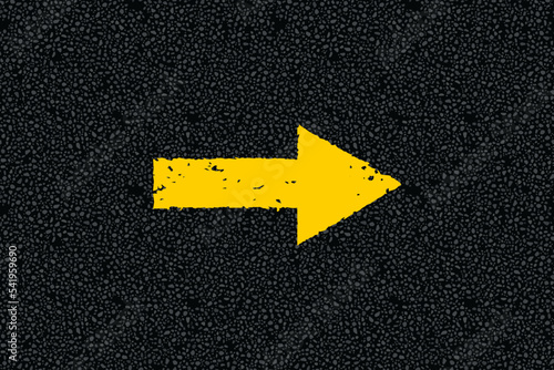 Yellow arrow on tarmac road top view. Highway traffic mark vector illustration. Background with old paint texture on asphalt surface. Roadway seamless pattern. Straight urban driveway