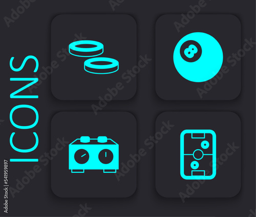 Set Air hockey table, Checker game chips, Billiard pool snooker ball and Time chess clock icon. Black square button. Vector