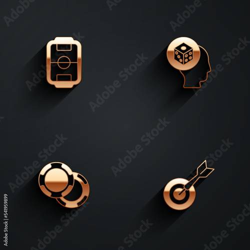 Set Table football, Game dice, Casino chips and Classic dart board and arrow icon with long shadow. Vector