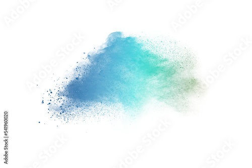 Blue and green pastel powder explosion isolated on white background. photo