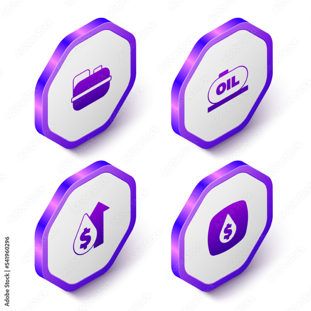 Set Isometric Canister for gasoline, Oil tank storage, price increase and drop with dollar symbol icon. Purple hexagon button. Vector Set Isometric Canister for gasoline, Oil tank storage, price increase and drop with dollar symbol icon. Purple hexagon button. Vector