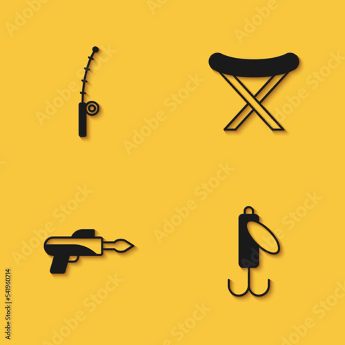 Set Fishing rod, lure, harpoon and Camping folding chair icon with long shadow. Vector