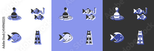 Set Fisherman pants, Fishing float in water, and hook with fish icon. Vector