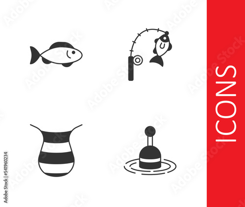 Set Fishing float in water, net and rod and fish icon. Vector
