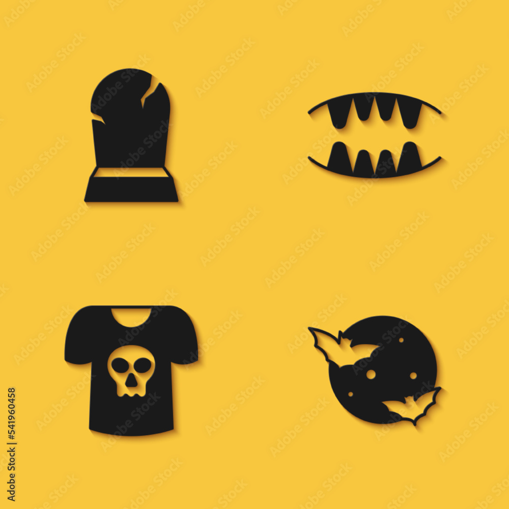 Fototapeta premium Set Tombstone with RIP written, Moon and stars, Shirt skull and Vampire teeth icon with long shadow. Vector