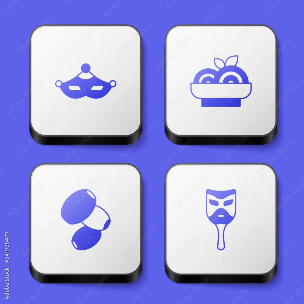 Set Carnival mask, Pasta spaghetti, Olives and icon. White square button. Vector Set Carnival mask, Pasta spaghetti, Olives and icon. White square button. Vector