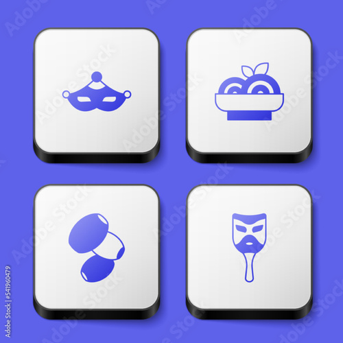 Set Carnival mask, Pasta spaghetti, Olives and icon. White square button. Vector