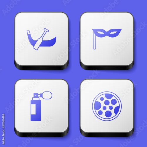 Set Gondola boat, Carnival mask, Perfume and Pizza icon. White square button. Vector