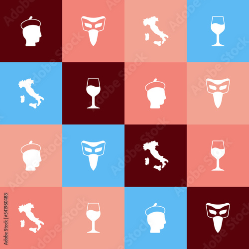 Set pop art French man, Carnival mask, Map of Italy and Wine glass icon. Vector