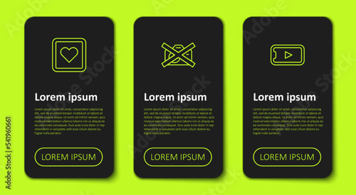 Set line Like heart, Prohibition no video recording and Online play. Business infographic template. Vector