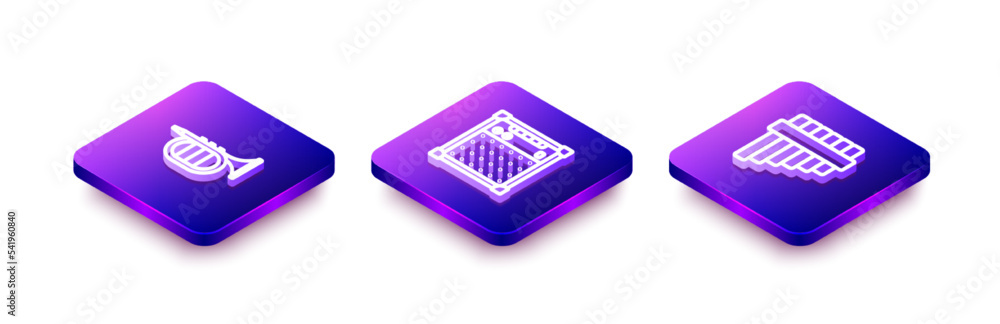 Set Isometric line Trumpet, Guitar amplifier and Pan flute icon. Vector Set Isometric line Trumpet, Guitar amplifier and Pan flute icon. Vector