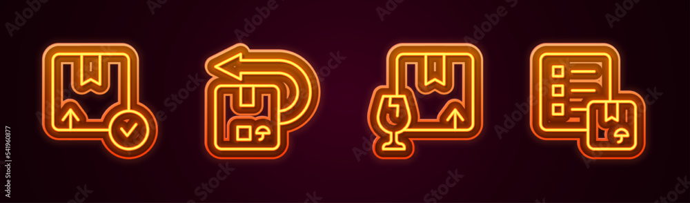 Set line Carton cardboard box, Return, Package with fragile content and Verification of delivery list. Glowing neon icon. Vector Set line Carton cardboard box, Return, Package with fragile content and Verification of delivery list. Glowing neon icon. Vector