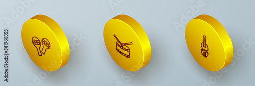 Set Isometric line Maracas, Drum with drum sticks and Violin icon. Vector
