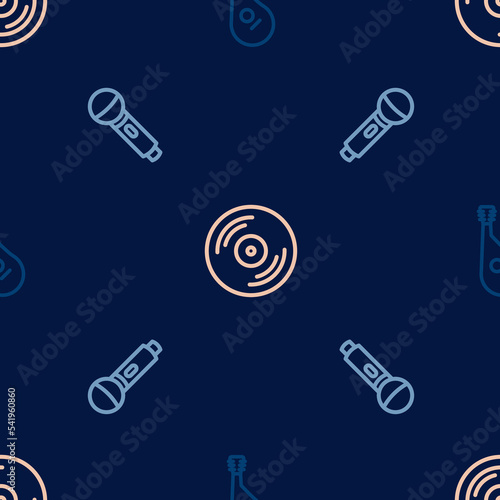 Set line Bandura, Microphone and Vinyl disk on seamless pattern. Vector