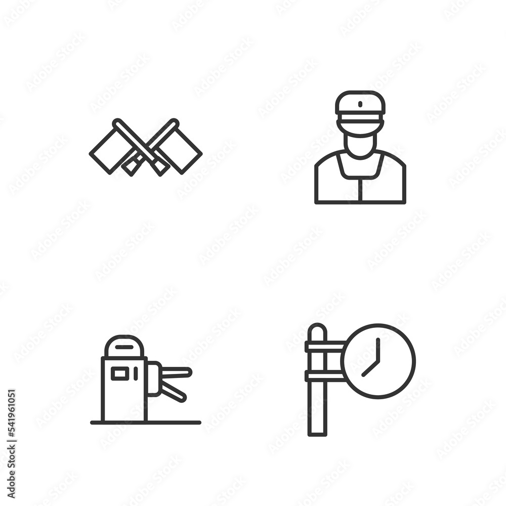 Set line Train station clock, Turnstile, Flag and conductor icon. Vector