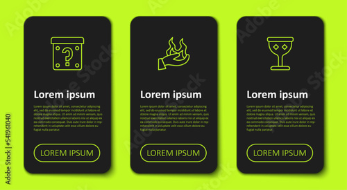 Set line Mystery box, Hand holding fire and Medieval goblet. Business infographic template. Vector