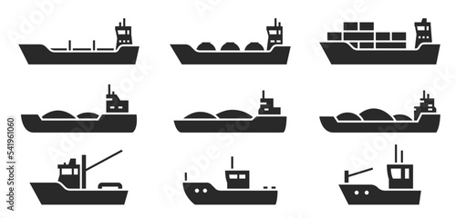 industrial ship icon set. vessels for transportation and fishing. isolated vector images