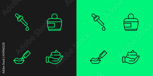 Set line Shaving foam on hand, Lip augmentation, Pipette with oil and Cream or lotion cosmetic tube icon. Vector