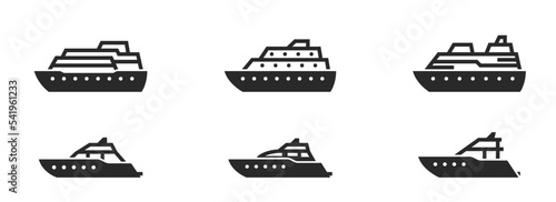 cruise ship and yacht icon set. sea travel, vacation and cruise symbols. isolated vector images