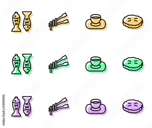 Set line Soy sauce in bowl, Served fish on plate, Food chopsticks with noodles and Homemade pie icon. Vector