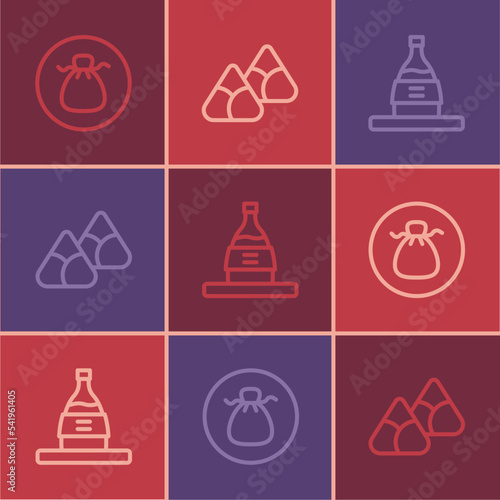 Set line Wonton, Bottle of sake and Zongzi in bamboo steamer icon. Vector