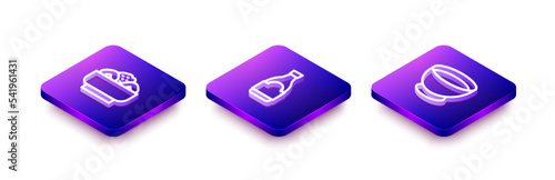 Set Isometric line Chow mein on plate, Soy sauce bottle and bowl icon. Vector