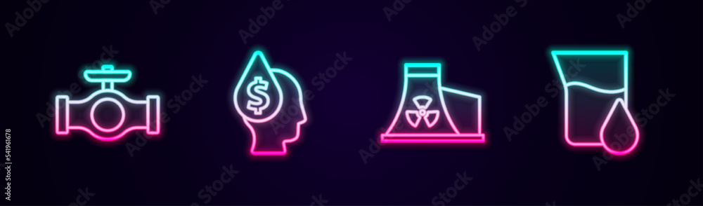 Set line Oil pipe with valve, drop dollar symbol, Nuclear power plant and petrol test tube. Glowing neon icon. Vector Set line Oil pipe with valve, drop dollar symbol, Nuclear power plant and petrol test tube. Glowing neon icon. Vector