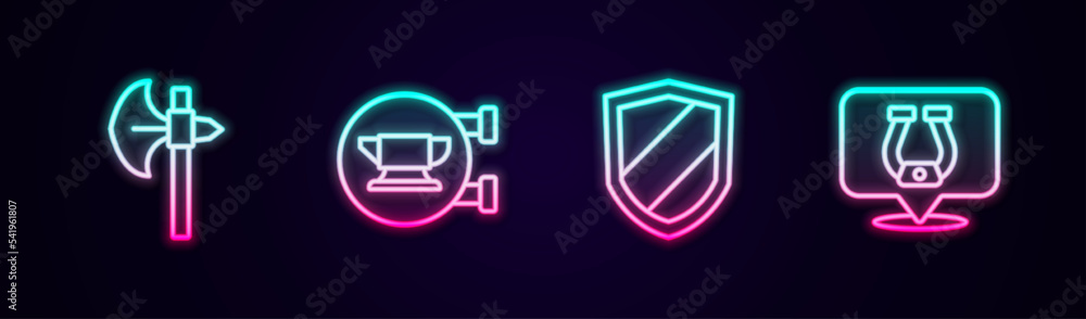 Set line Medieval axe, Blacksmith anvil tool, Shield and Horseshoe. Glowing neon icon. Vector Set line Medieval axe, Blacksmith anvil tool, Shield and Horseshoe. Glowing neon icon. Vector