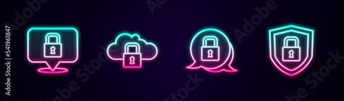 Set line Lock, Cloud computing lock, and Shield security with. Glowing neon icon. Vector