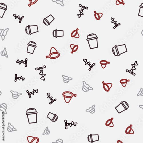 Set line Hand ice drill, Fishing bucket, Fisherman hat and net on seamless pattern. Vector
