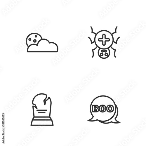 Set line Boo speech bubble, Tombstone with RIP written, Moon and stars and Spider icon. Vector