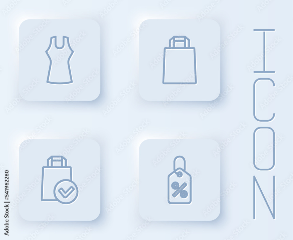Set line Woman dress, Paper shopping bag, and Discount percent tag. White square button. Vector Set line Woman dress, Paper shopping bag, and Discount percent tag. White square button. Vector