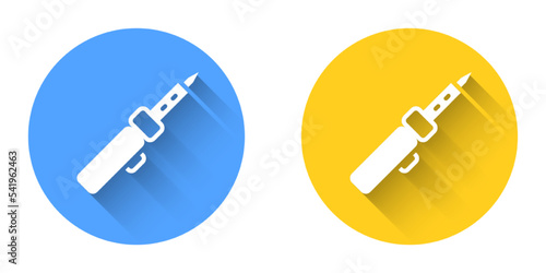 White Soldering iron icon isolated with long shadow background. Circle button. Vector