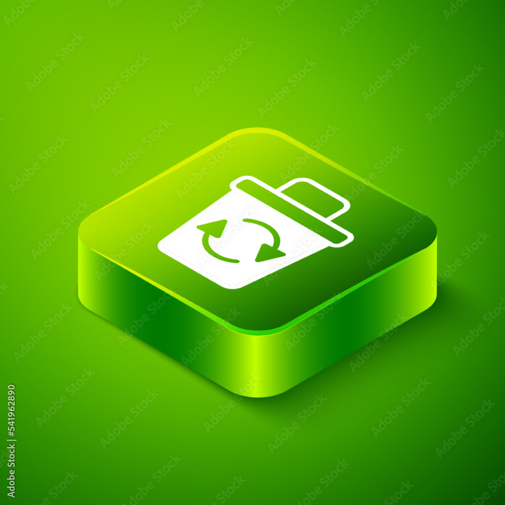 Isometric Recycle bin with recycle symbol icon isolated on green background. Trash can icon. Garbage bin sign. Recycle basket sign. Green square button. Vector Isometric Recycle bin with recycle symbol icon isolated on green background. Trash can icon. Garbage bin sign. Recycle basket sign. Green square button. Vector