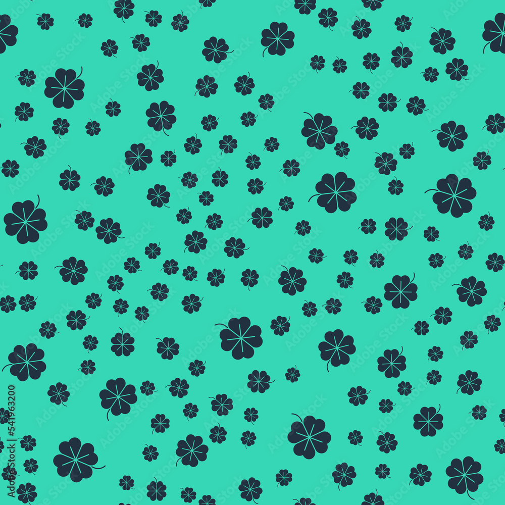 Black Four leaf clover icon isolated seamless pattern on green background. Happy Saint Patrick day. Vector Black Four leaf clover icon isolated seamless pattern on green background. Happy Saint Patrick day. Vector