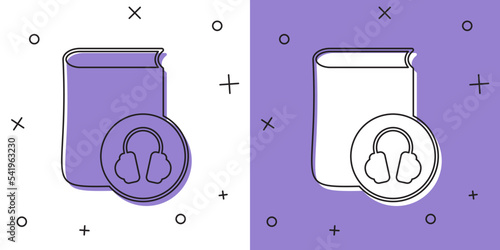 Set Audio book icon isolated on white and purple background. Book with headphones. Audio guide sign. Online learning concept. Vector