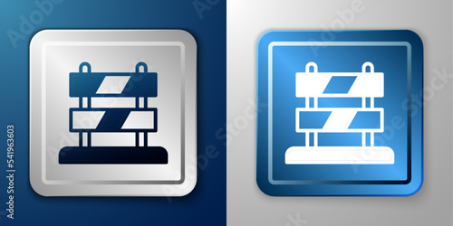 White End of railway tracks icon isolated on blue and grey background. Stop sign. Railroad buffer end to destination. Silver and blue square button. Vector