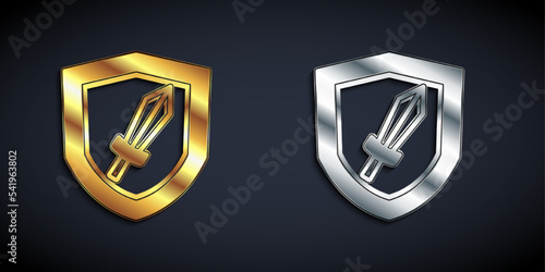 Gold and silver Sword for game icon isolated on black background. Long shadow style. Vector