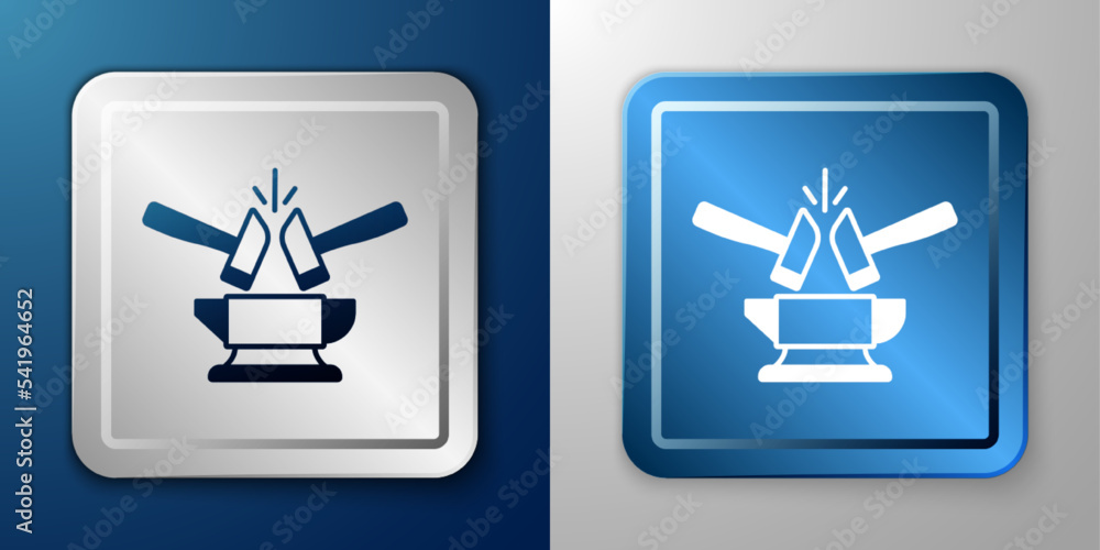 White Blacksmith anvil tool and hammer icon isolated on blue and grey background. Metal forging. Forge tool. Silver and blue square button. Vector White Blacksmith anvil tool and hammer icon isolated on blue and grey background. Metal forging. Forge tool. Silver and blue square button. Vector