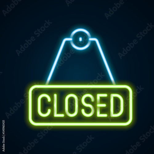 Glowing neon line Hanging sign with text Closed icon isolated on black background. Business theme for cafe or restaurant. Colorful outline concept. Vector