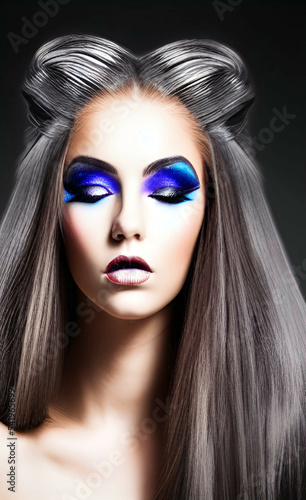Portrait of a girl with creative makeup and hairstyle. Illustration. Created with the help of artificial intelligence