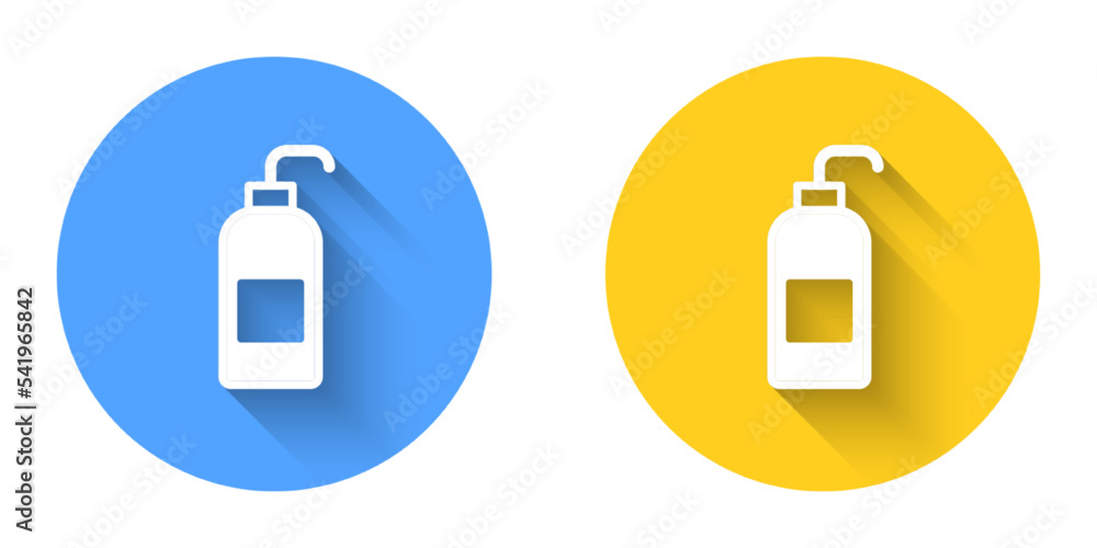 White Bottle of liquid antibacterial soap with dispenser icon isolated with long shadow background. Antiseptic. Disinfection, hygiene, skin care. Circle button. Vector White Bottle of liquid antibacterial soap with dispenser icon isolated with long shadow background. Antiseptic. Disinfection, hygiene, skin care. Circle button. Vector
